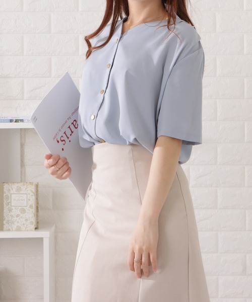 Lace Ladies(レースレディース)の「Vネック前開きとろみブラウス(シャツ/ブラウス・レディース・ネイビー/ホワイト/ブラック/ブルーグレー・S/FREE)」の5枚目の写真