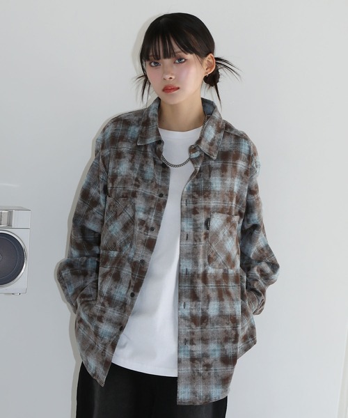 セール】ヴィンテージ加工 オンブレチェック長袖ラウンドカット
