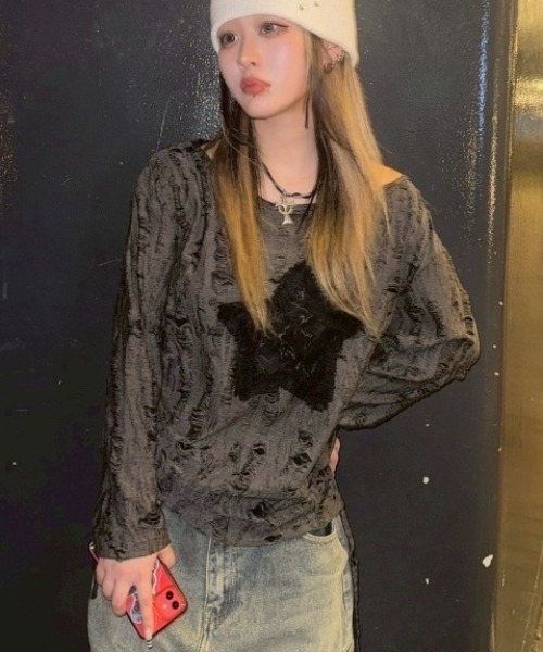 XU】star damage tops（Tシャツ/カットソー）｜XU（エックスユー