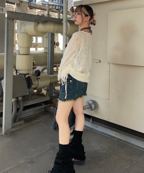 ストリートファッション XU エックスユー star damage tops ダメージトップス グランジ スターニット ダメージニット オーバーサイズ 韓国ファッション ヴィンテージ サイドギャザートップス 長袖トップス ロンT 韓国 ストリート y2k（Tシャツ/カットソー）｜XU（エックスユー）