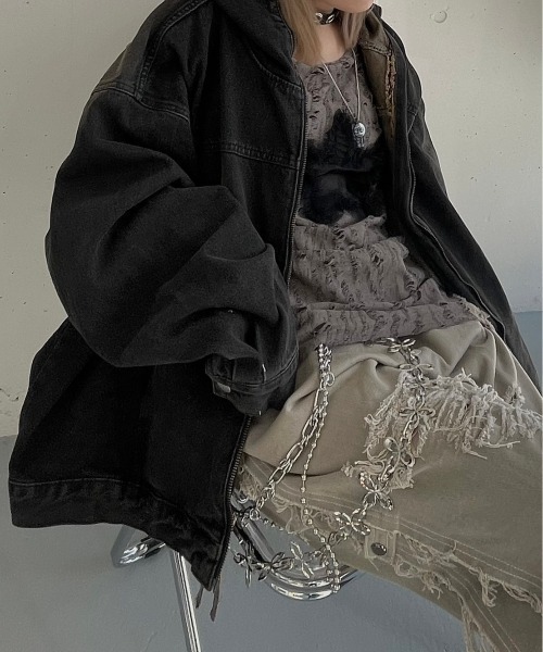 ストリートファッション XU エックスユー star damage tops ダメージトップス グランジ スターニット ダメージニット オーバーサイズ 韓国ファッション ヴィンテージ サイドギャザートップス 長袖トップス ロンT 韓国 ストリート y2k（Tシャツ/カットソー）｜XU（エックスユー）