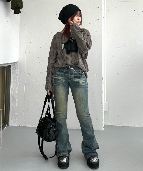 ストリートファッション XU エックスユー star damage tops ダメージトップス グランジ スターニット ダメージニット オーバーサイズ 韓国ファッション ヴィンテージ サイドギャザートップス 長袖トップス ロンT 韓国 ストリート y2k（Tシャツ/カットソー）｜XU（エックスユー）