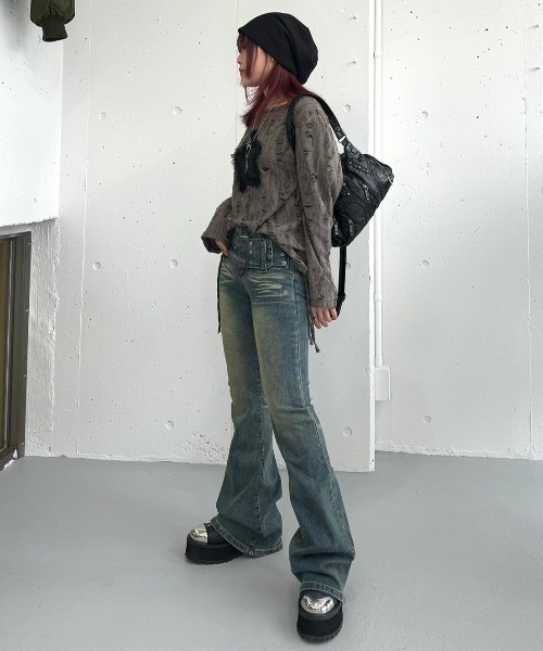 ストリートファッション XU エックスユー star damage tops ダメージトップス グランジ スターニット ダメージニット オーバーサイズ 韓国ファッション ヴィンテージ サイドギャザートップス 長袖トップス ロンT 韓国 ストリート y2k（Tシャツ/カットソー）｜XU（エックスユー）