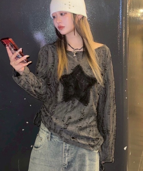 XU】star damage tops（Tシャツ/カットソー）｜XU（エックスユー