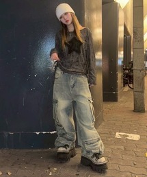 XU（エックスユー）の「【Never mind the XU】star damage tops / 【ネバーマインド ザ エックスユー】スターダメージプリント長袖Tシャツ（Tシャツ/カットソー）」