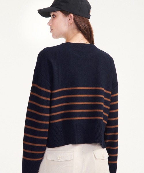 AIGLE（エーグル）の「Made in France クロップド丈 ストライププルオーバーセーター / ウールニットセーター（ニット/セーター・レディース・ネイビー/ブラック・S/XS/M）」の3枚目の写真