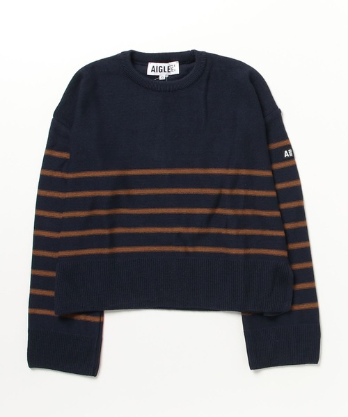 AIGLE（エーグル）の「Made in France クロップド丈 ストライププルオーバーセーター / ウールニットセーター（ニット/セーター・レディース・ネイビー/ブラック・S/XS/M）」の5枚目の写真