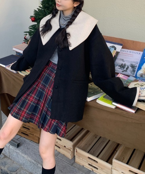 LAC-VERT(ラック・ヴェール)の「ビッグ襟バイカラーウールコート(その他アウター・レディース・オートミール/ブラック・FREE)」の19枚目の写真