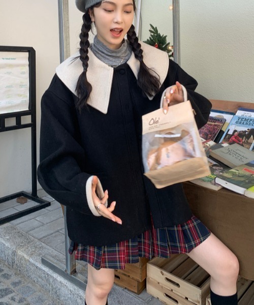 LAC-VERT(ラック・ヴェール)の「ビッグ襟バイカラーウールコート(その他アウター・レディース・オートミール/ブラック・FREE)」の21枚目の写真