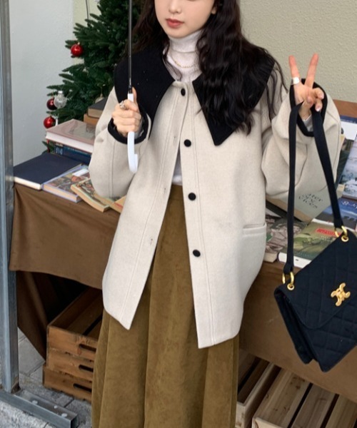 LAC-VERT(ラック・ヴェール)の「ビッグ襟バイカラーウールコート(その他アウター・レディース・オートミール/ブラック・FREE)」の7枚目の写真