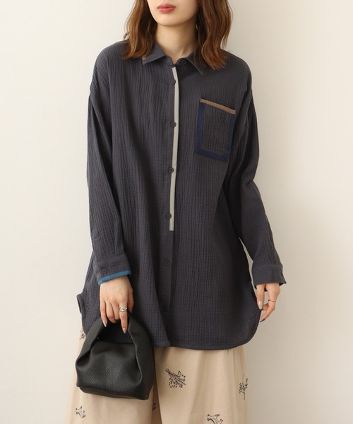 Emago（イマゴ）の「EMAGO 配色ﾊﾟｲﾋﾟﾝｸﾞｼｬﾂﾁｭﾆｯｸ（シャツ/ブラウス・レディース・イエロー/チャコール/アイボリー・FREE）」の19枚目の写真