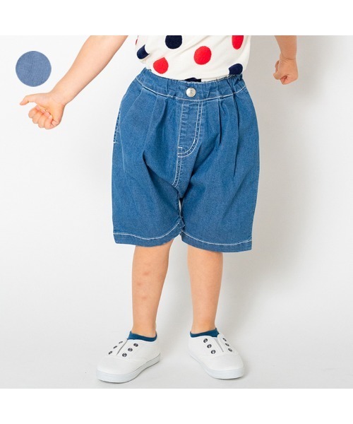 Moujonjon(ムージョンジョン)の「ストレッチデニム6分丈タックハーフパンツ(デニムパンツ・キッズ・ブルー・120/110/100/90/140/130)」の1枚目の写真