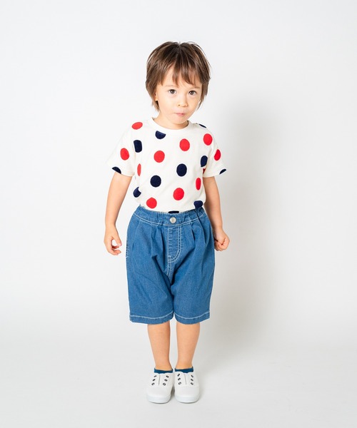 Moujonjon(ムージョンジョン)の「ストレッチデニム6分丈タックハーフパンツ(デニムパンツ・キッズ・ブルー・120/110/100/90/140/130)」の2枚目の写真