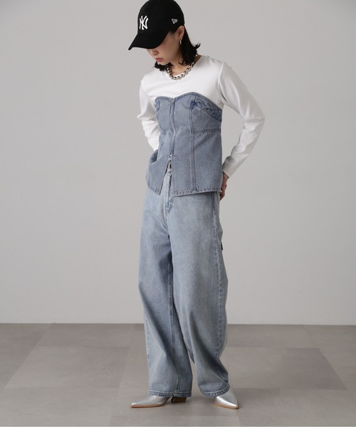 FREE'S MART（フリーズマート）の「フロントジップデニムキャミビスチェ（ベスト・レディース・ケミカルウォッシュ/インディゴブルー・FREE）」の3枚目の写真