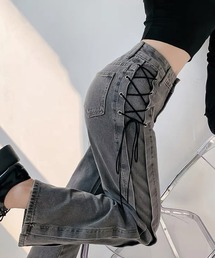 サイドレースアップストレートデニムパンツ