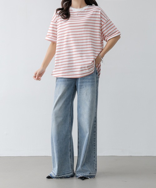 セール】ボーダー袖折り返しドルマンプルオーバー（Tシャツ/カットソー 