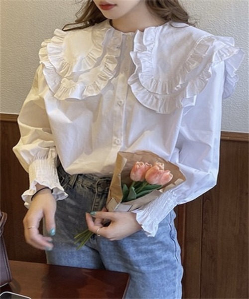 Dream garden(ドリームガーデン)の「ビックフリルカラーシャツブラウス(シャツ/ブラウス・レディース・ホワイト/ブルー・M/S/L/XL/FREE)」の21枚目の写真