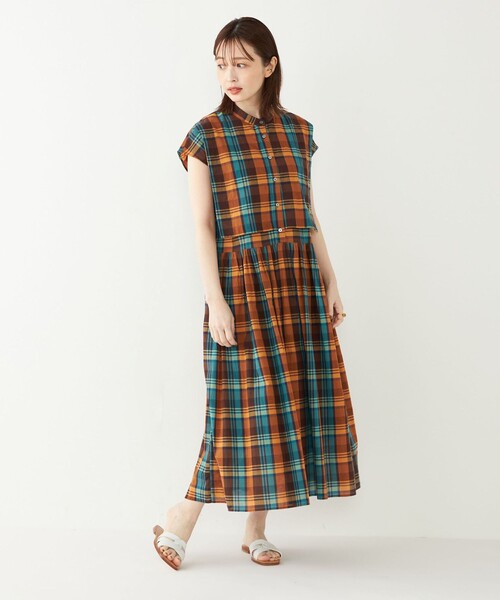 SHIPS Colors(シップス カラーズ)の「SHIPS Colors:〈手洗い可能〉マドラスチェック フレンチスリーブ ワンピース(ワンピース・レディース・オレンジ/ネイビー・ONE SIZE)」の9枚目の写真