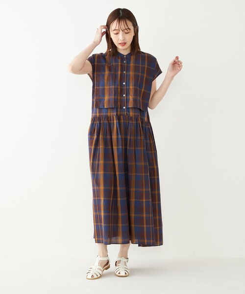SHIPS Colorsフレンチスリーブ ワンピース ライトブルー SHIPS Colors:〈手洗い可能〉配色 ギャザー フレンチスリーブ