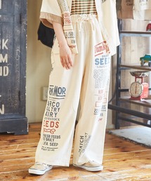 空紡糸先染めツイルロゴプリントギャザーパンツ