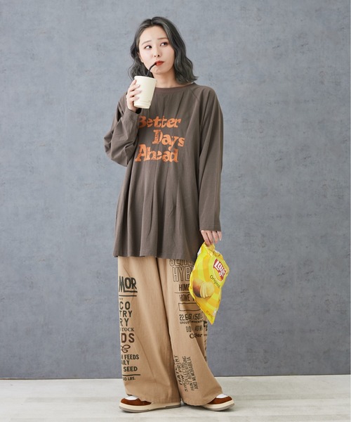 CUBE SUGAR（キューブシュガー）の「空紡糸先染めツイルロゴプリントギャザーパンツ（その他パンツ・レディース・ナチュラル/ベージュ/カーキ/マルチ・M）」の8枚目の写真