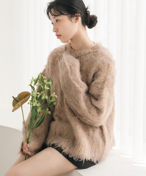 HEILIS(ヘイリス)の「ミックスシャギーニットプルオーバー / ミックスカラー オーバーサイズ ルーズニット ウールニット グレー アイボリー グリーン ベージュ(ニット/セーター・レディース・グリーン/オレンジ/グレー/アイボリー・FREE)」の6枚目の写真