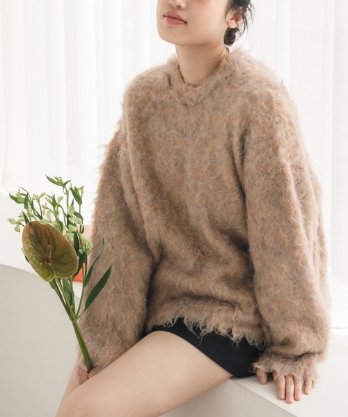HEILIS(ヘイリス)の「ミックスシャギーニットプルオーバー / ミックスカラー オーバーサイズ ルーズニット ウールニット グレー アイボリー グリーン ベージュ(ニット/セーター・レディース・グリーン/オレンジ/グレー/アイボリー・FREE)」の5枚目の写真