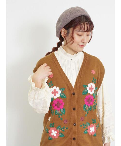 PAMEOPOSE 花柄ニットベスト Fサイズ ニットベスト レディース 花柄 刺繍 Vネック ノースリーブ