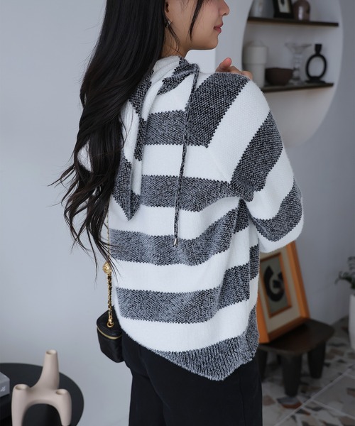 Girly Doll(ガーリードール)の「フード付きボーダーニットプルオーバー(パーカー・レディース・ブラック/グリーン/ピンク/ネイビー/ブルー・FREE)」の19枚目の写真