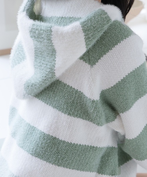 Girly Doll(ガーリードール)の「フード付きボーダーニットプルオーバー(パーカー・レディース・ブラック/グリーン/ピンク/ネイビー/ブルー・FREE)」の7枚目の写真