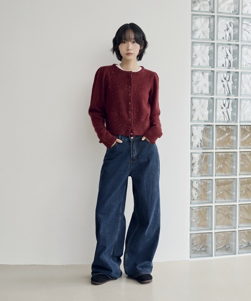 【まー】Maison Echelleパールボタンリブカーディガン パールボタンリブカーディガン 【リサイクルポリエステル
