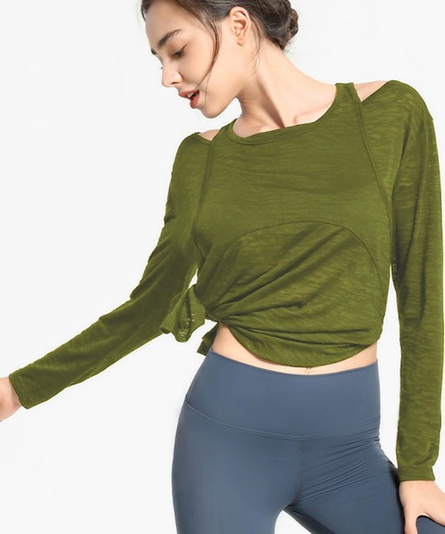 セール】レディース 長袖オフショルレイヤード風ラウンドネック