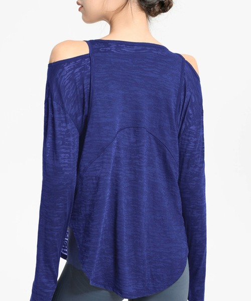 レディース 長袖オフショルレイヤード風ラウンドネックヨガウェア