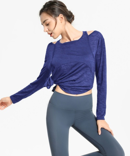 レディース 長袖オフショルレイヤード風ラウンドネックヨガウェア