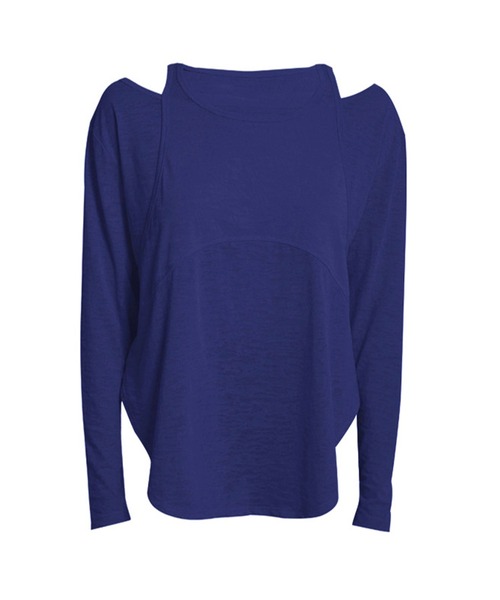 レディース 長袖オフショルレイヤード風ラウンドネックヨガウェア