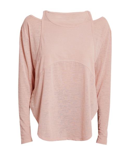 レディース 長袖オフショルレイヤード風ラウンドネックヨガウェア