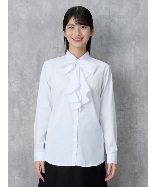 2WAYリボン付】長袖 ブラウス レギュラーカラー 形態安定 透けにくい