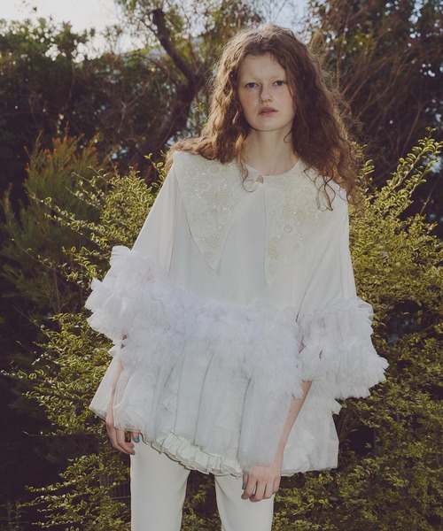 【新品】LA BELLE ETUDE ラベルエチュード ギャザーフリルチュニック セール】ボリュームチュールギャザーフリルTシャツ（Tシャツ