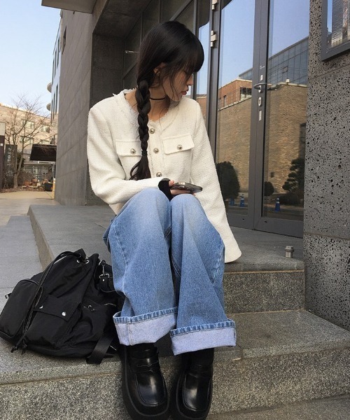 セール】シルバーボタンクロップドツイードジャケット（ノーカラー