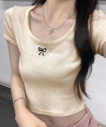 リボン 刺繍 ショート丈 Tシャツ