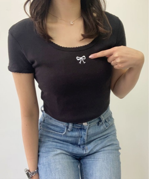kirakiraShop(キラキラショップ)の「リボン 刺繍 ショート丈 Tシャツ(Tシャツ/カットソー・レディース・ホワイト/クリーム/グレー/ブラック・FREE)」の10枚目の写真