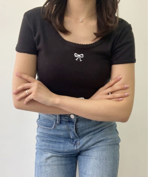 kirakiraShop(キラキラショップ)の「リボン 刺繍 ショート丈 Tシャツ(Tシャツ/カットソー・レディース・ホワイト/クリーム/グレー/ブラック・FREE)」の11枚目の写真