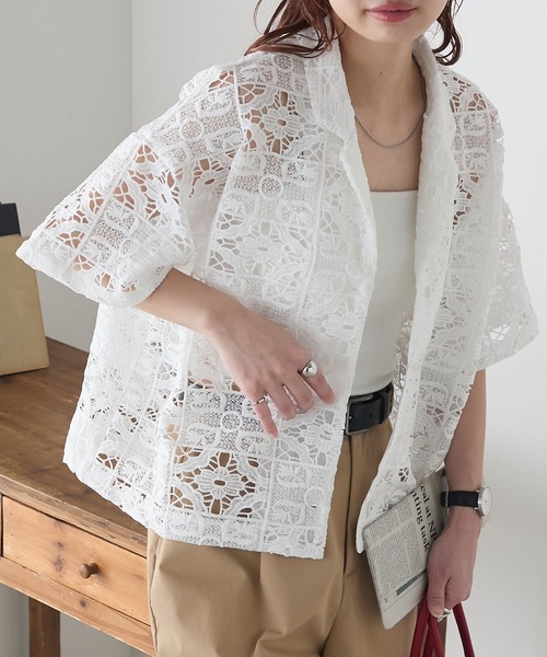BONLECILL(ボンルシール)の「クロシェ風レースオープンカラージャケットブラウス(シャツ/ブラウス・レディース・オフホワイト/ブラック・FREE)」の8枚目の写真