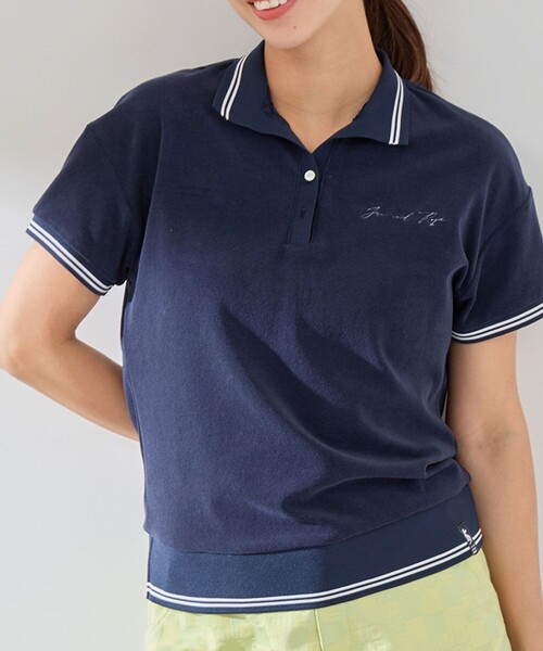 JUN&ROPE'（ジュンアンドロペ）の「パイルリブ使い半袖スキッパーポロ（ポロシャツ・レディース・ホワイト/ネイビー/ラベンダー・M/S/L）」の2枚目の写真