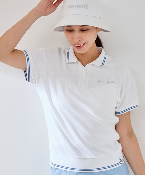 JUN&ROPE'（ジュンアンドロペ）の「パイルリブ使い半袖スキッパーポロ（ポロシャツ・レディース・ホワイト/ネイビー/ラベンダー・M/S/L）」の5枚目の写真