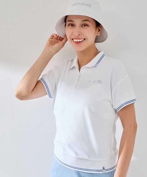 JUN&ROPE'（ジュンアンドロペ）の「パイルリブ使い半袖スキッパーポロ（ポロシャツ・レディース・ホワイト/ネイビー/ラベンダー・M/S/L）」の6枚目の写真