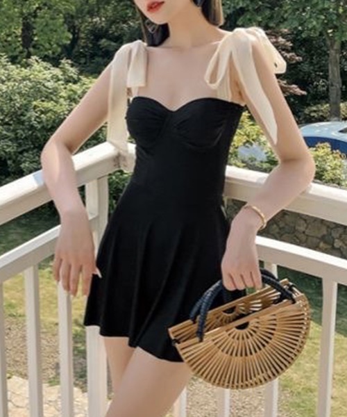 ワンピース水着 バイカラー ショルダーリボン セクシー b4356 バイカラー ショルダー リボン スイム ワンピース（水着）｜Lace