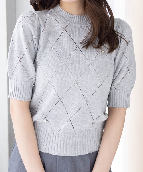 セール】アイレットビジュー五分袖ニットトップス [着回し力抜群  