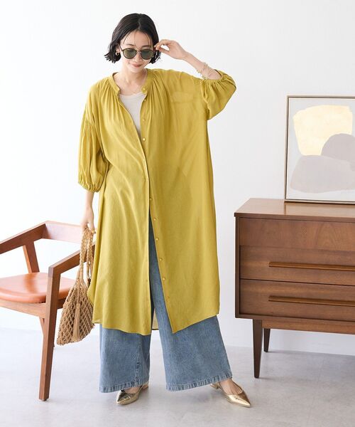 CRAFT STANDARD BOUTIQUE（クラフトスタンダードブティック）の「ヴィンテージボイル袖シャーリングワンピース（シャツワンピース・レディース・ブラック/ブラウン/イエロー・FREE）」の6枚目の写真