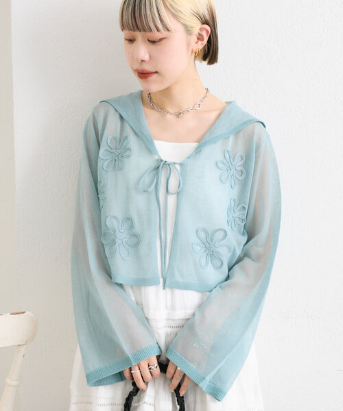w closet（ダブルクローゼット）の「コード刺繍シアーセーラーカーデ（カーディガン/ボレロ・レディース・オフホワイト/イエロー/サックスブルー/ブラック・FREE）」の3枚目の写真